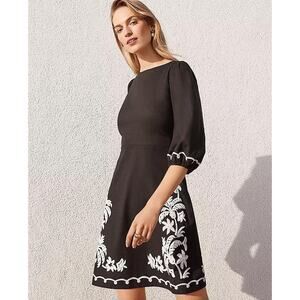 ANN TAYLOR Women's Petite Embroidered Linen Blend Open Back Flare Dress Size 8P